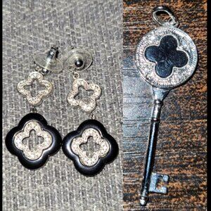 Matching Clover Key Pendant And Clover Earrings Set In Silver/Black w/ CZ stones